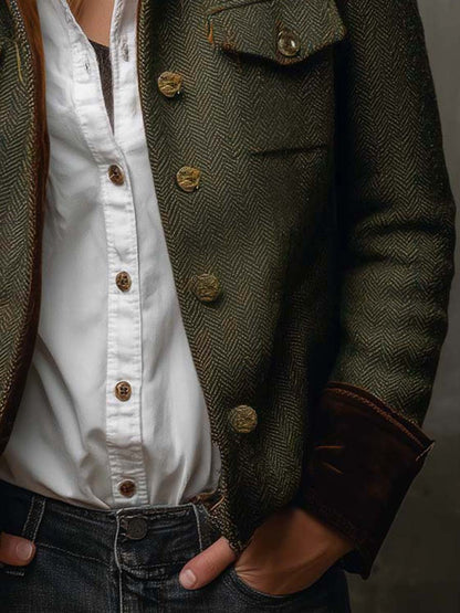 Blazer Femme Vintage à Motif Pied-de-Poule avec Bordures Contrastées