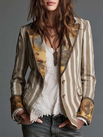 Blazer Femme à Revers avec Imprimé Rayé Bohème