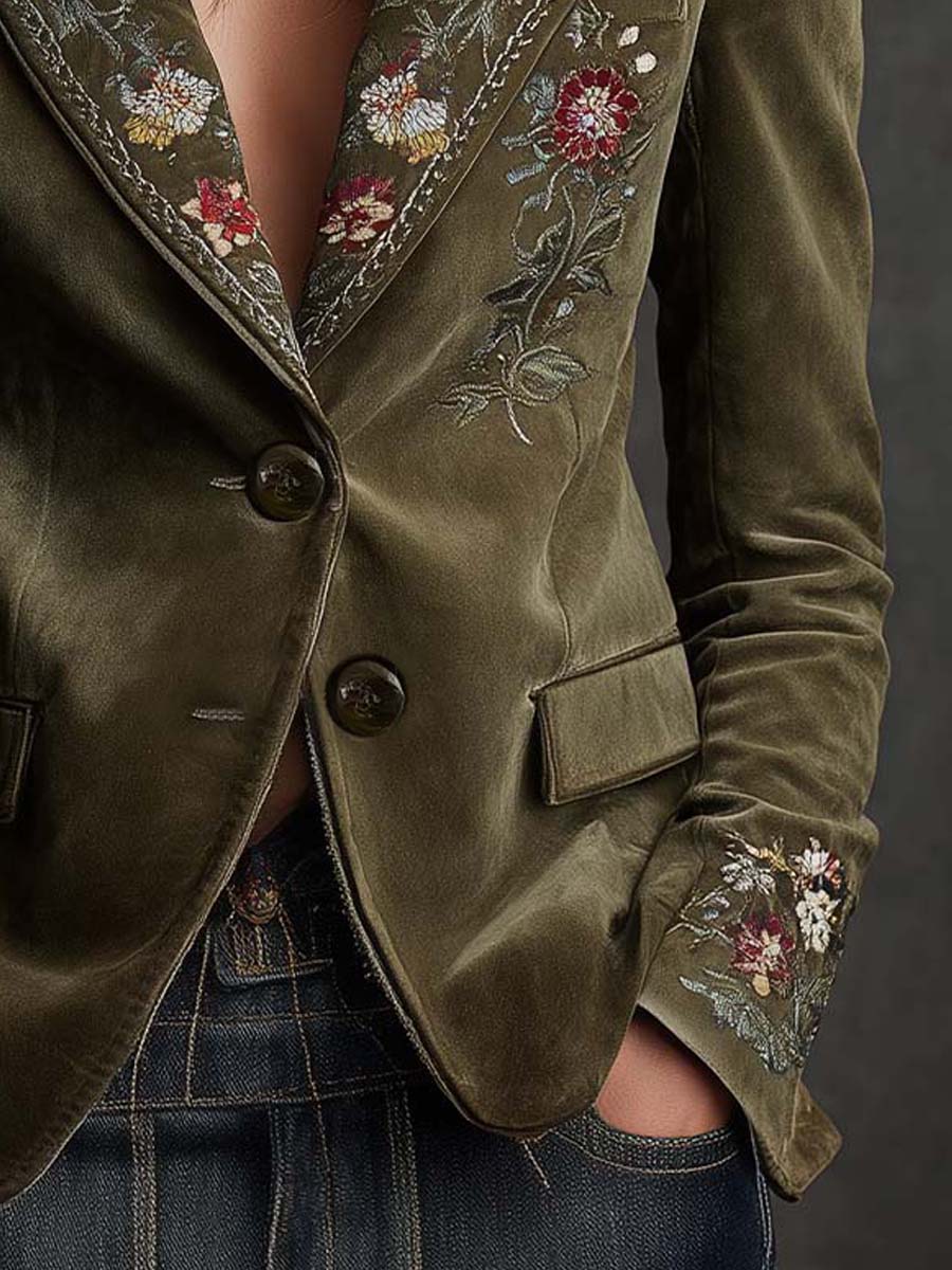 Blazer en Velours Vert Olive avec Broderies Florales Raffinées