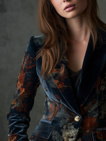 Blazer Vintage en Velours de Polyester à Imprimé Floral et Boutons Métalliques