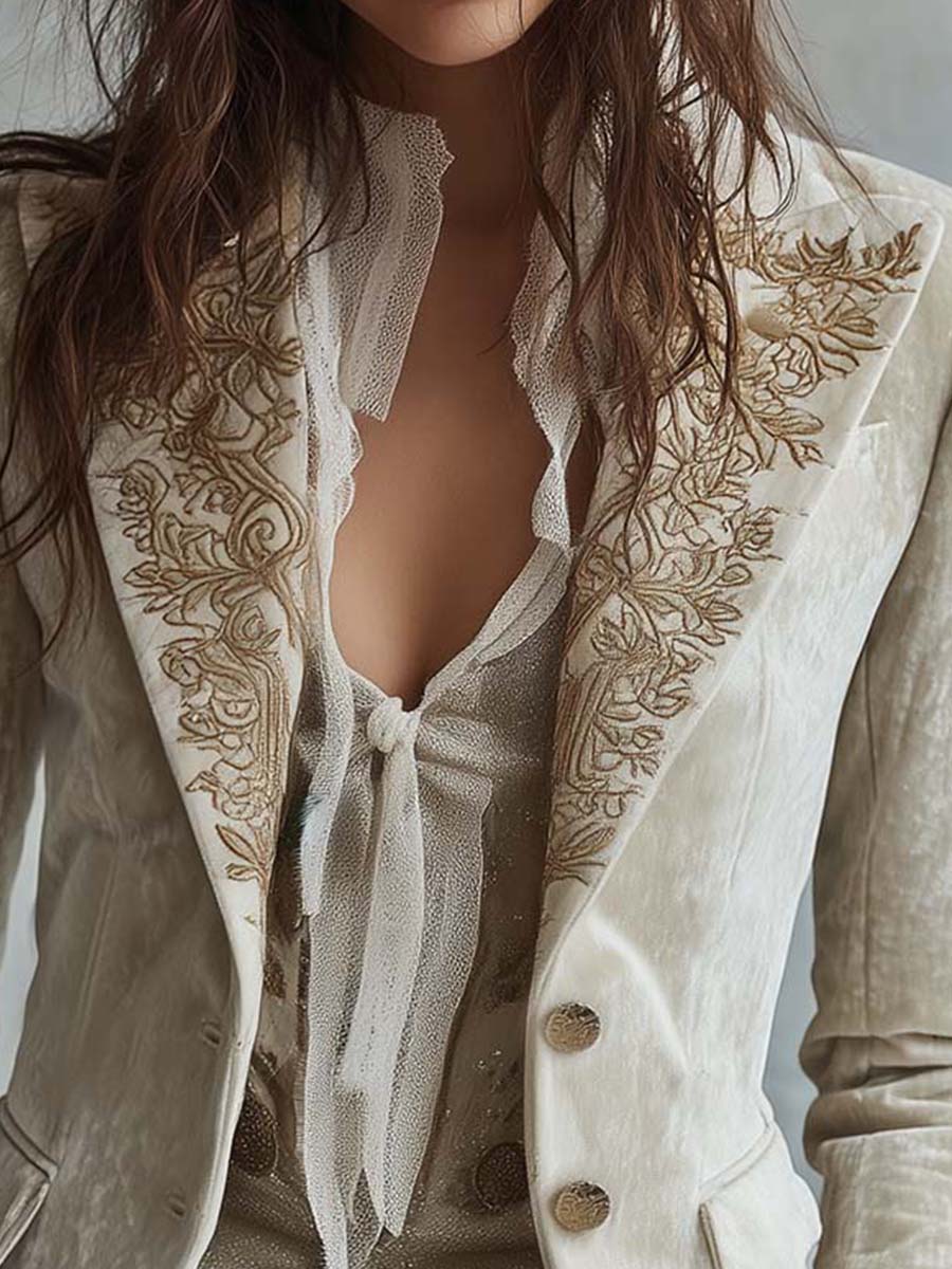 Blazer Tailleur Femme Ivoire Brodé