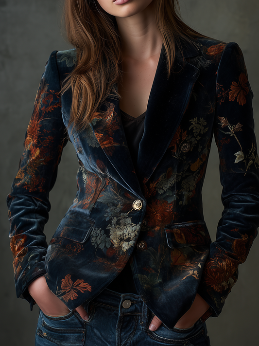 Blazer Vintage en Velours de Polyester à Imprimé Floral et Boutons Métalliques