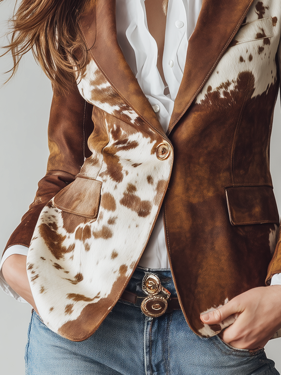 Blazer Femme Vintage Écoresponsable à Imprimé Vache