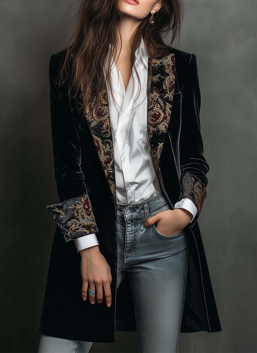 Blazer Femme Slim Fit Noir à Revers avec Imprimé Baroque