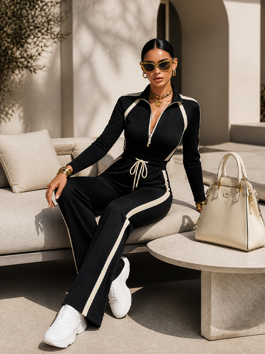 Monica | Ensemble de survêtement à rayures noires, top zippé et pantalon large