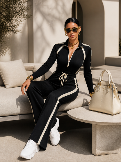 Monica | Ensemble de survêtement à rayures noires, top zippé et pantalon large