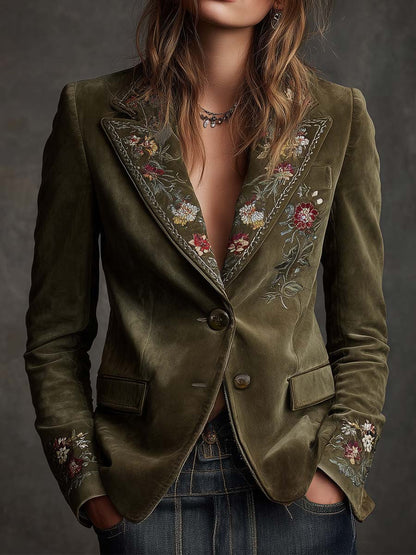 Blazer en Velours Vert Olive avec Broderies Florales Raffinées