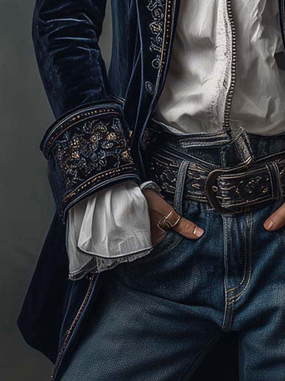 Veste Longue Femme Vintage Bleu Marine Brodée