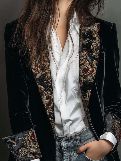 Blazer Femme Slim Fit Noir à Revers avec Imprimé Baroque
