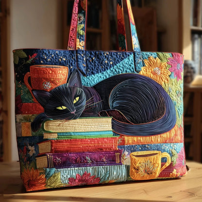 Sac artisanal | Chat noir avec des livres et des tasses