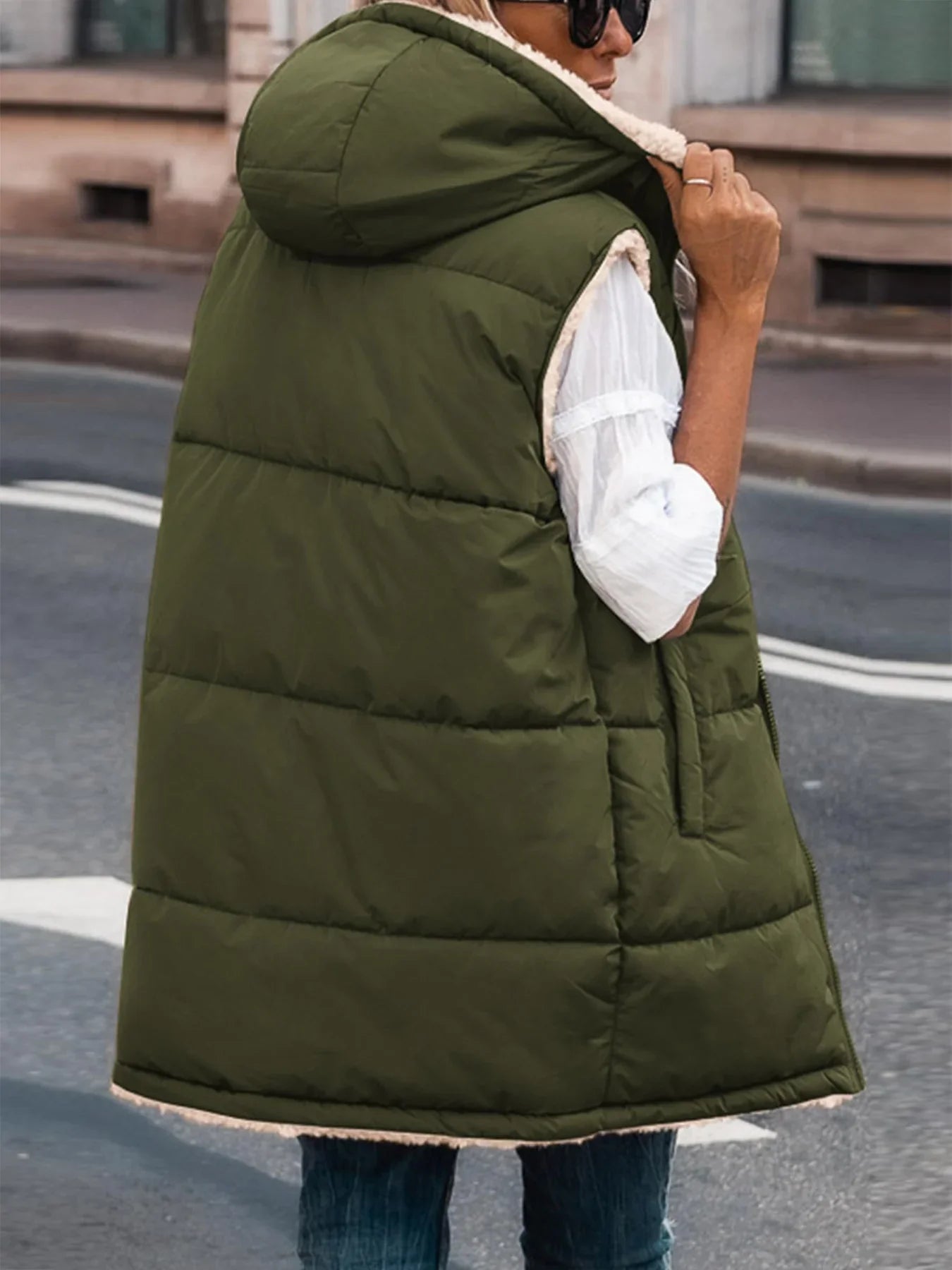 NOLEA Reversible Fleece Vest • Front Zipper • Super Warm, Soft, with Hood and Pockets