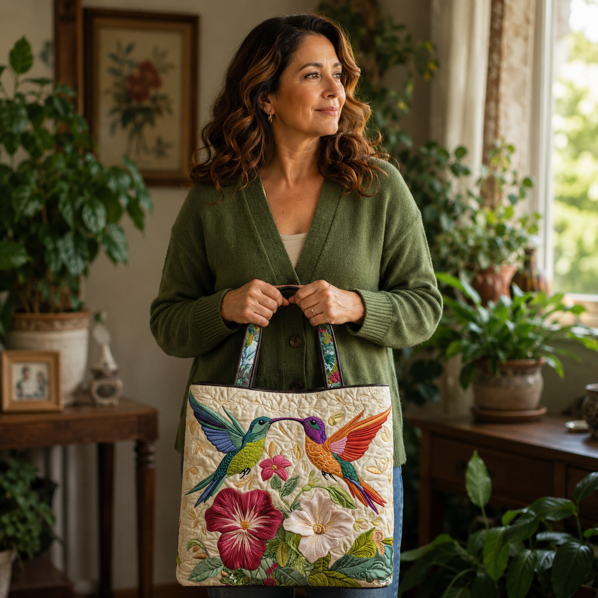 Sac artisanal | Colibri et fleurs blanches