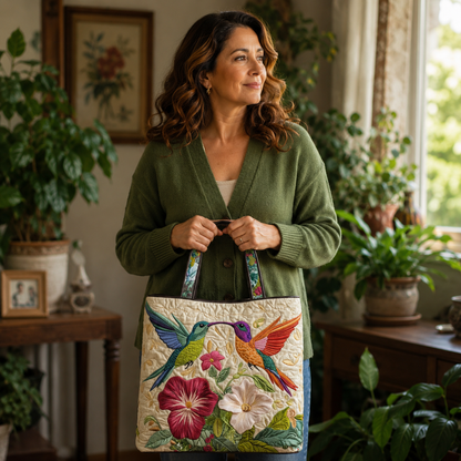 Sac artisanal | Colibri et fleurs blanches