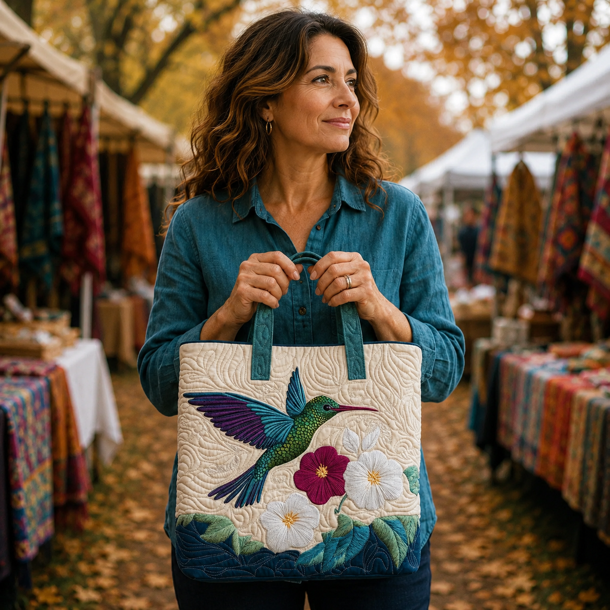 Sac artisanal | colibri et fleur blanche