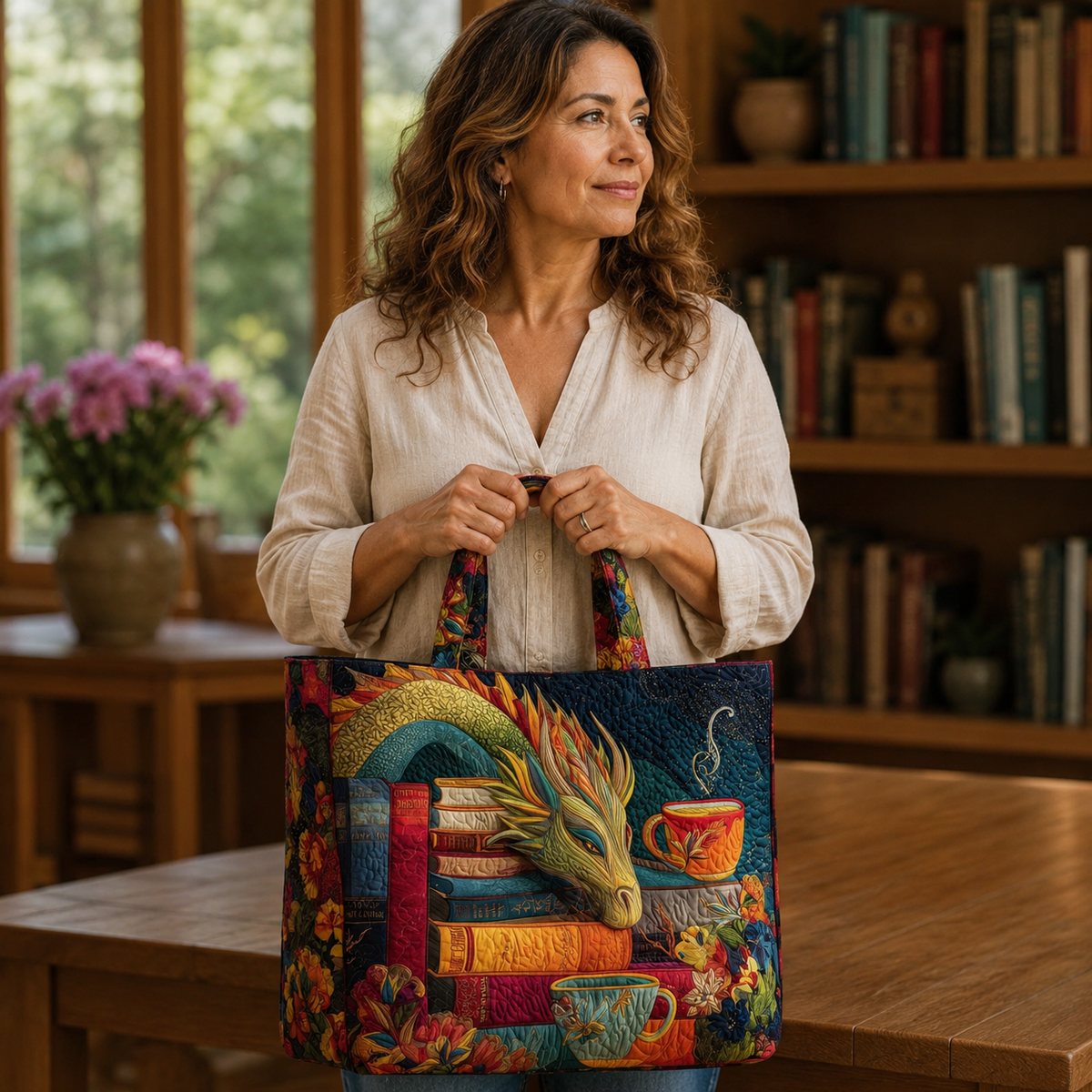 Sac artisanal | Dragon lisant des livres et des tasses