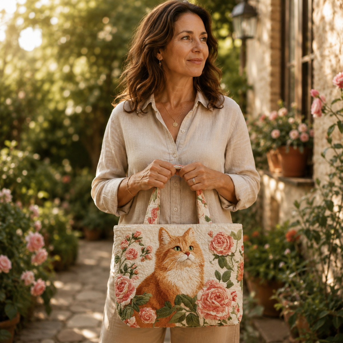 Sac artisanal | Chat orange avec des roses