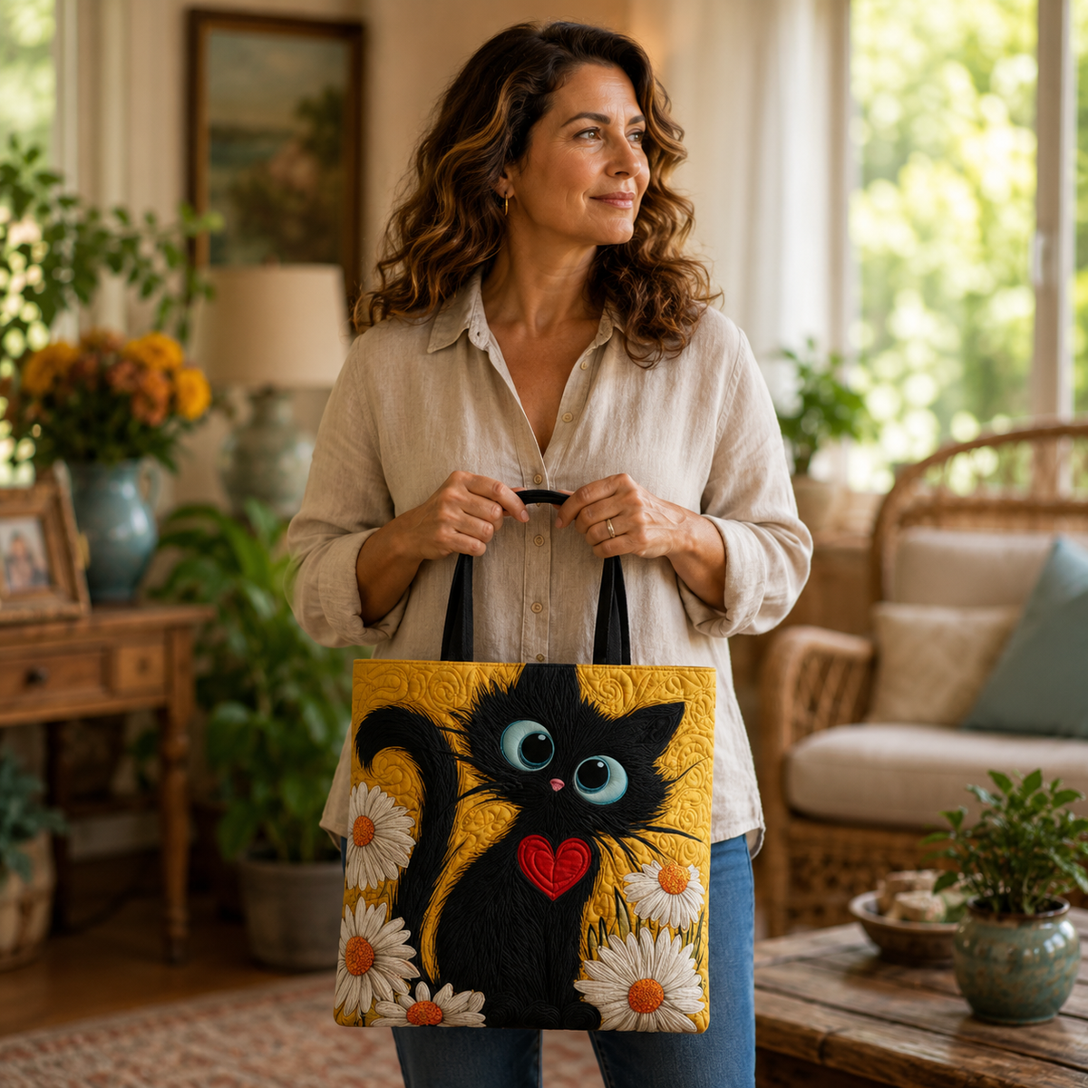 Sac artisanal | Chat noir avec des marguerites