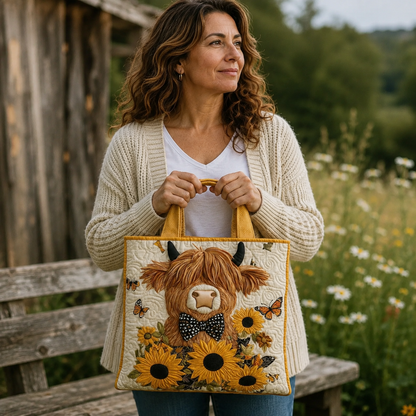 Sac artisanal | Vache des Highlands avec des tournesols