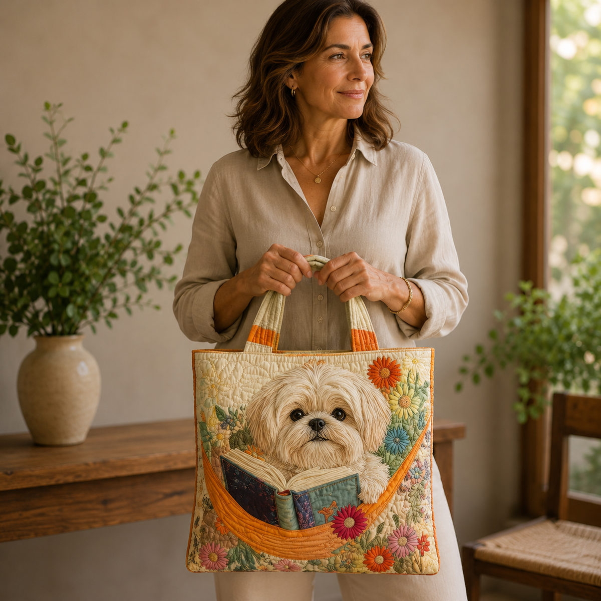 Sac artisanal | Shih Tzu avec des livres et des fleurs