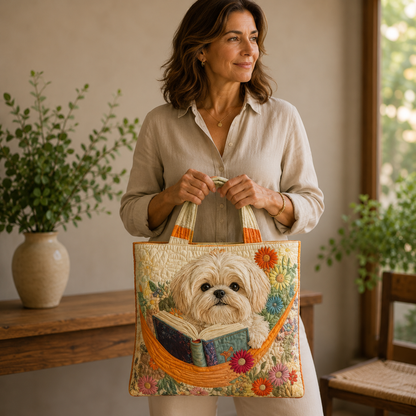 Sac artisanal | Shih Tzu avec des livres et des fleurs