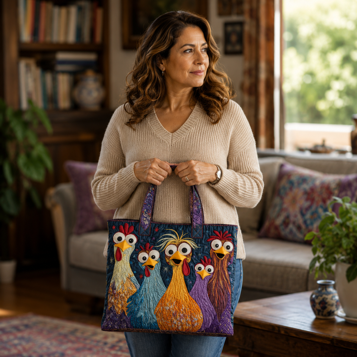 Sac à main artisanal | Cinq poules colorées