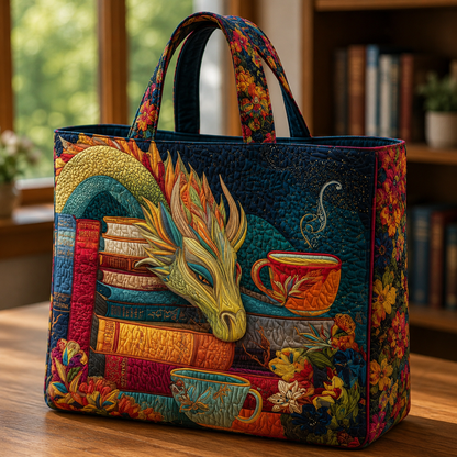Sac artisanal | Dragon lisant des livres et des tasses
