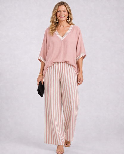 Salma | Ensemble deux pièces : haut rayé en lin et coton & pantalon rayé