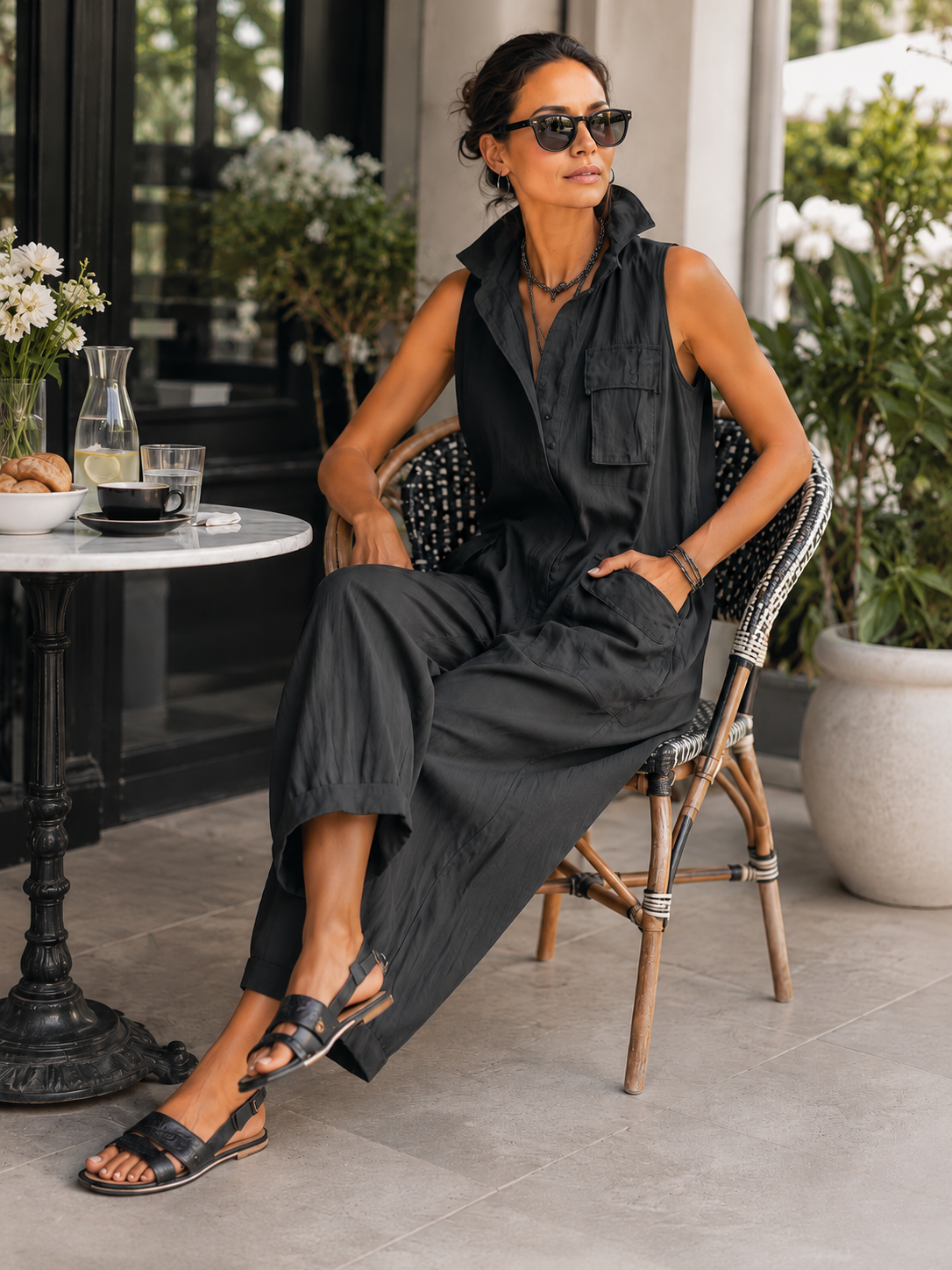 Pauline | Combinaison noire sans manches à jambes larges