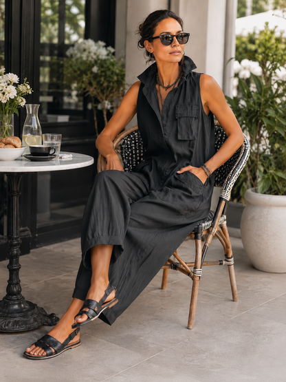 Pauline | Combinaison noire sans manches à jambes larges