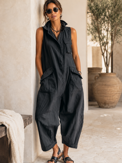 Pauline | Combinaison noire sans manches à jambes larges
