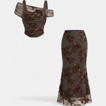 Ensemble robe longue sirène à épaules dénudées en résille brodée pour femme