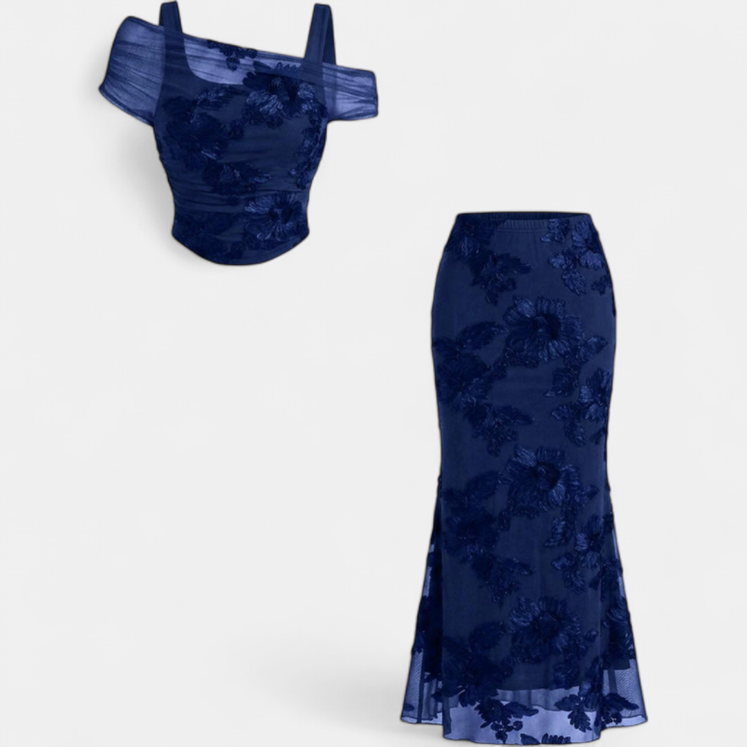 Ensemble robe longue sirène à épaules dénudées en résille brodée pour femme