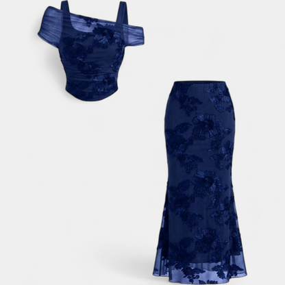 Ensemble robe longue sirène à épaules dénudées en résille brodée pour femme