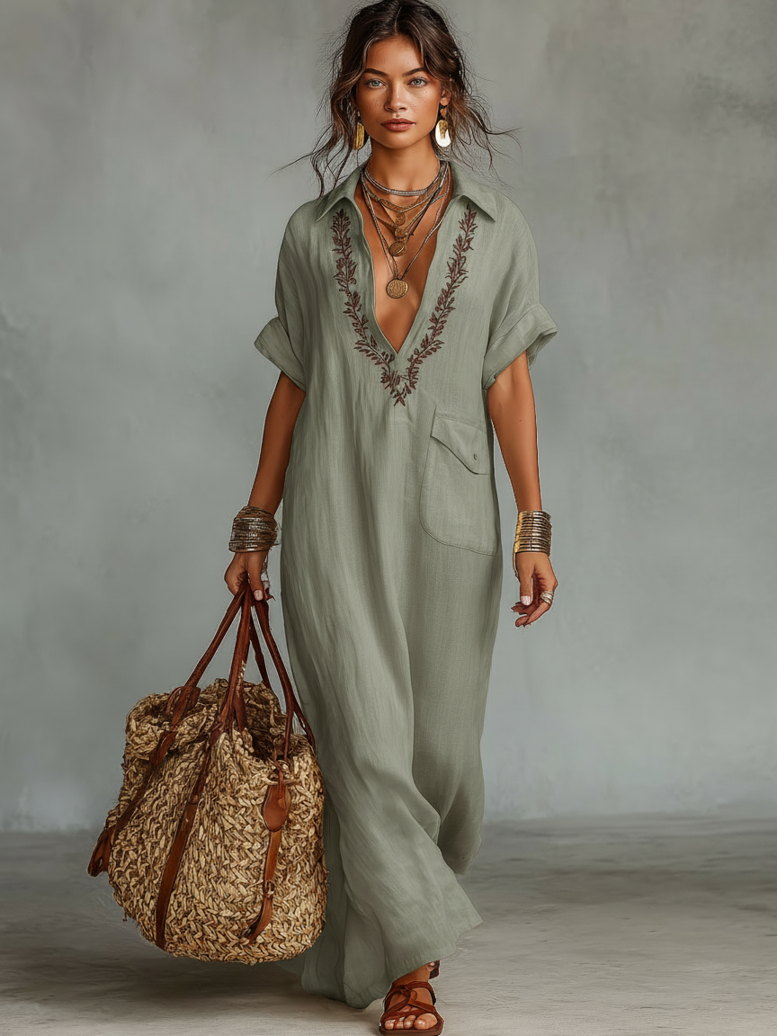 Rosana | Robe chemise longue minimaliste en lin mélangé avec broderies et manches courtes