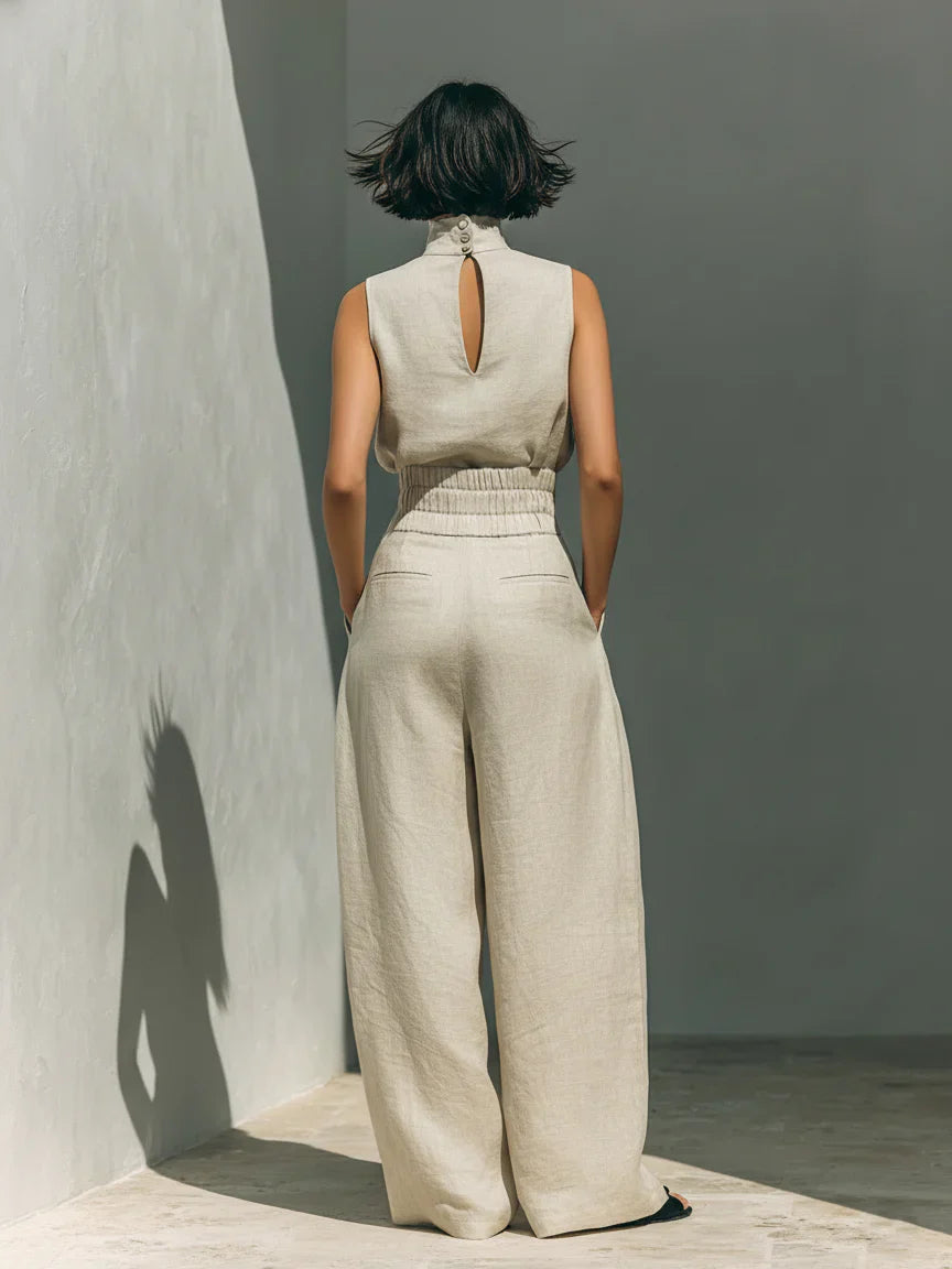 SARAH | Ensemble top et pantalon large en lin minimaliste