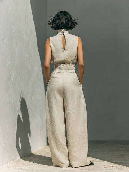 SARAH | Ensemble top et pantalon large en lin minimaliste