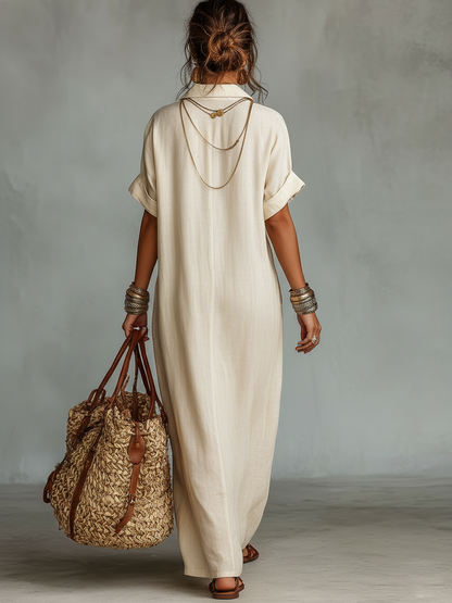 Rosana | Robe chemise longue minimaliste en lin mélangé avec broderies et manches courtes