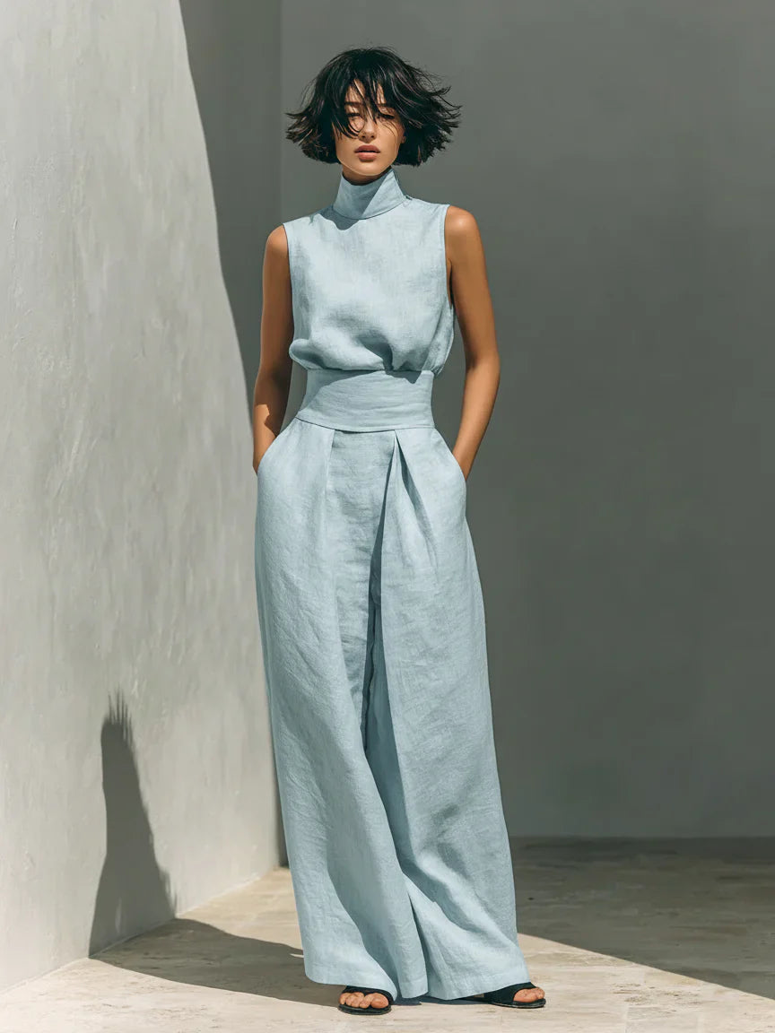 SARAH | Ensemble top et pantalon large en lin minimaliste