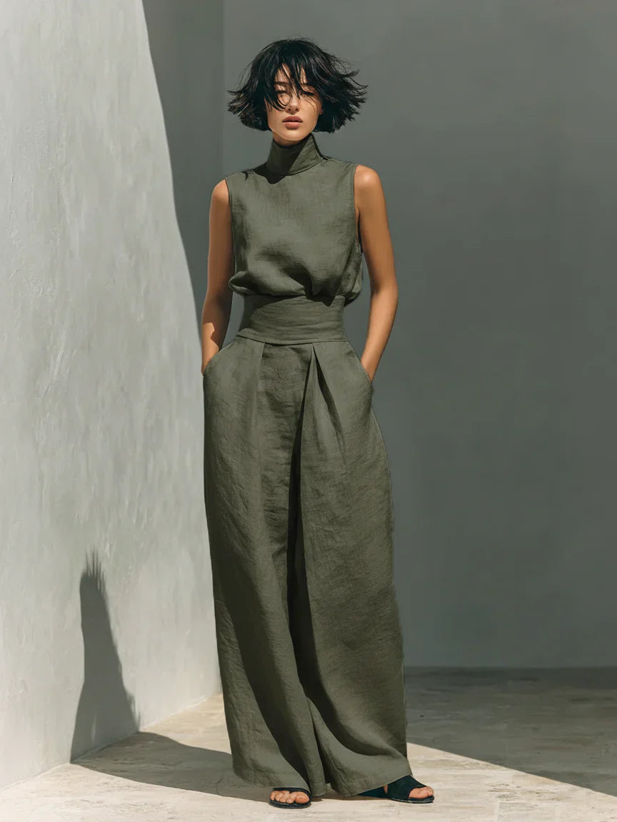 SARAH | Ensemble top et pantalon large en lin minimaliste