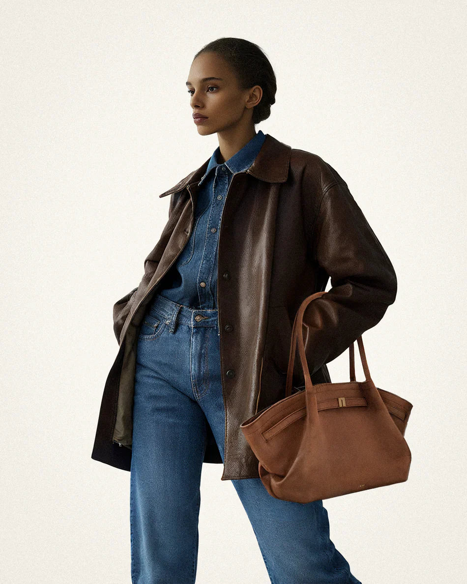Hana Medium Synthetic Leather Suede Tote Bag – Brown