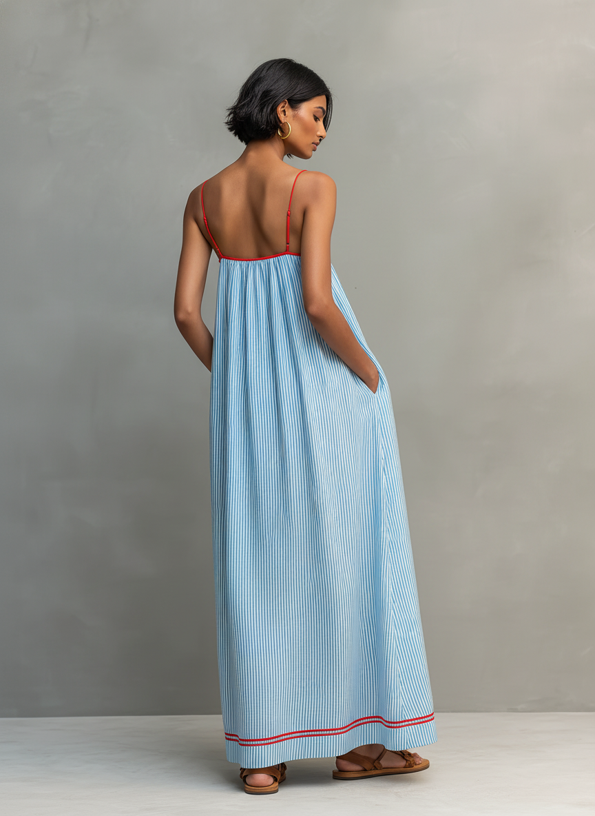 Felicia | Robe longue minimaliste à rayures pour femme avec finitions rouges et fines bretelles