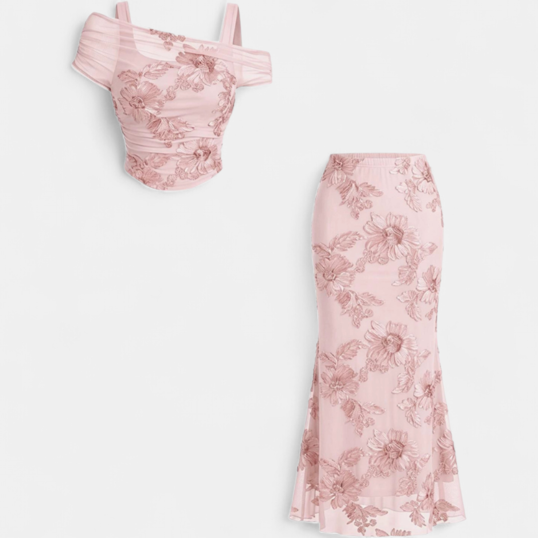 Ensemble robe longue sirène à épaules dénudées en résille brodée pour femme