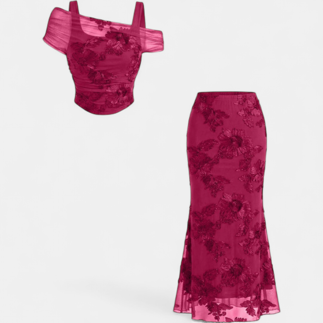 Ensemble robe longue sirène à épaules dénudées en résille brodée pour femme