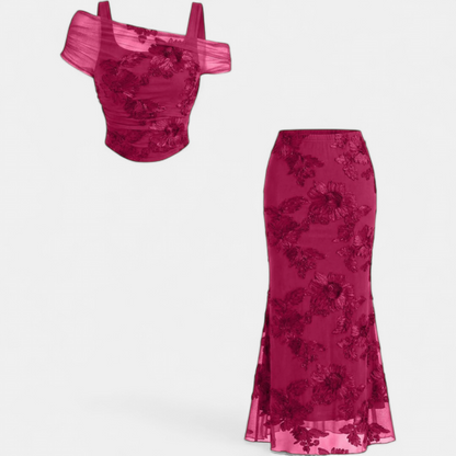Ensemble robe longue sirène à épaules dénudées en résille brodée pour femme