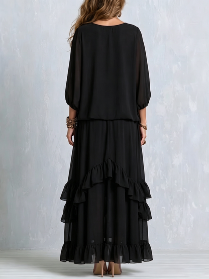 Elvira | Ensemble noir en mousseline avec top à franges et jupe à volants