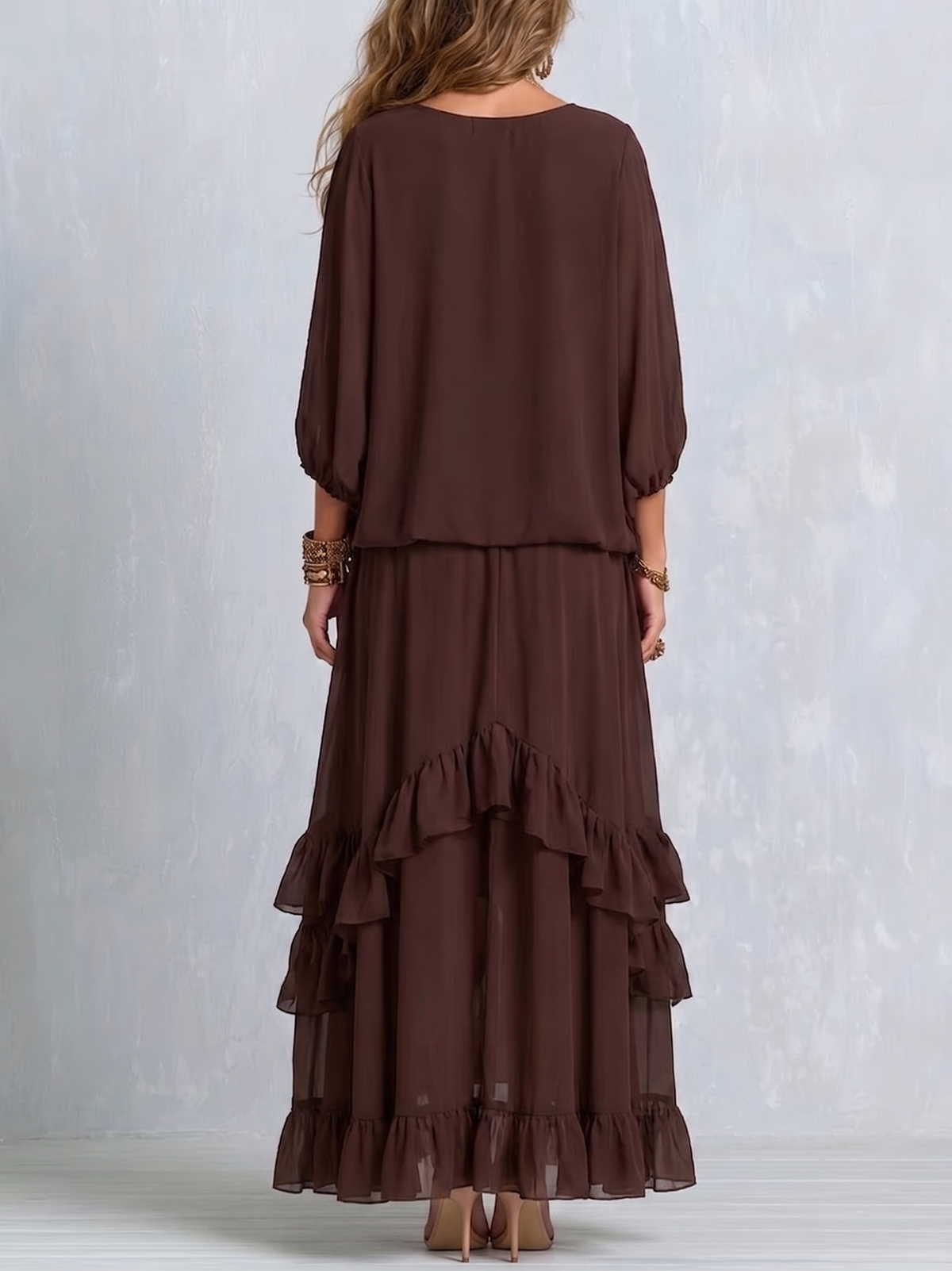 Manuela | Top en mousseline marron à franges avec jupe à volants
