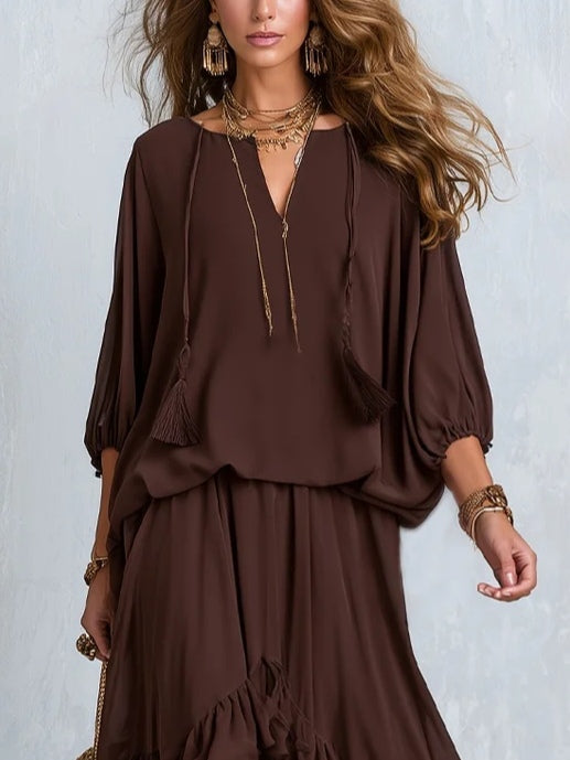 Manuela | Top en mousseline marron à franges avec jupe à volants