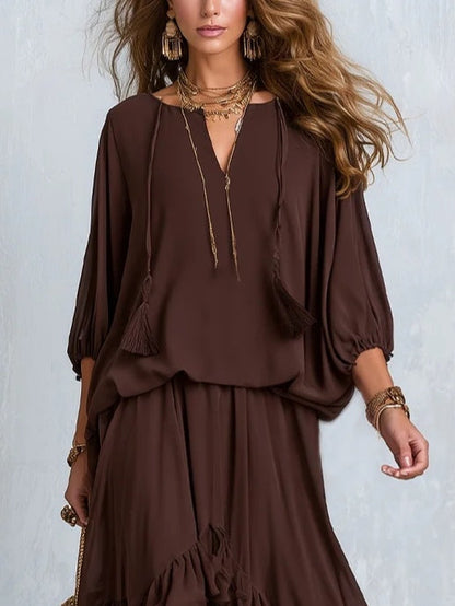 Manuela | Top en mousseline marron à franges avec jupe à volants