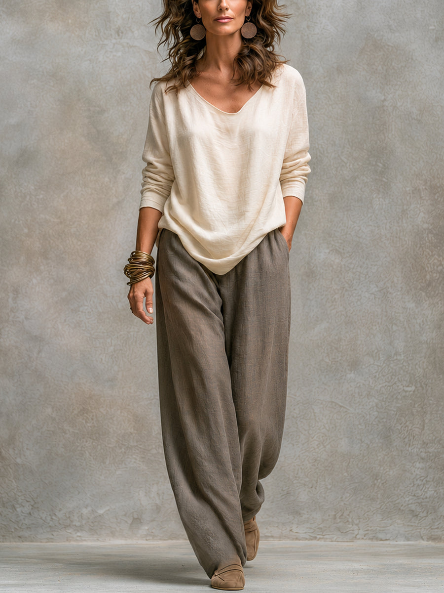 Costanza | Ensemble 3 pièces beige et gris avec pantalon palazzo