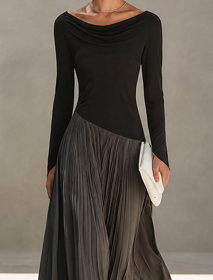 Marina | Robe maxi plissée bicolore noire et grise à col drapé